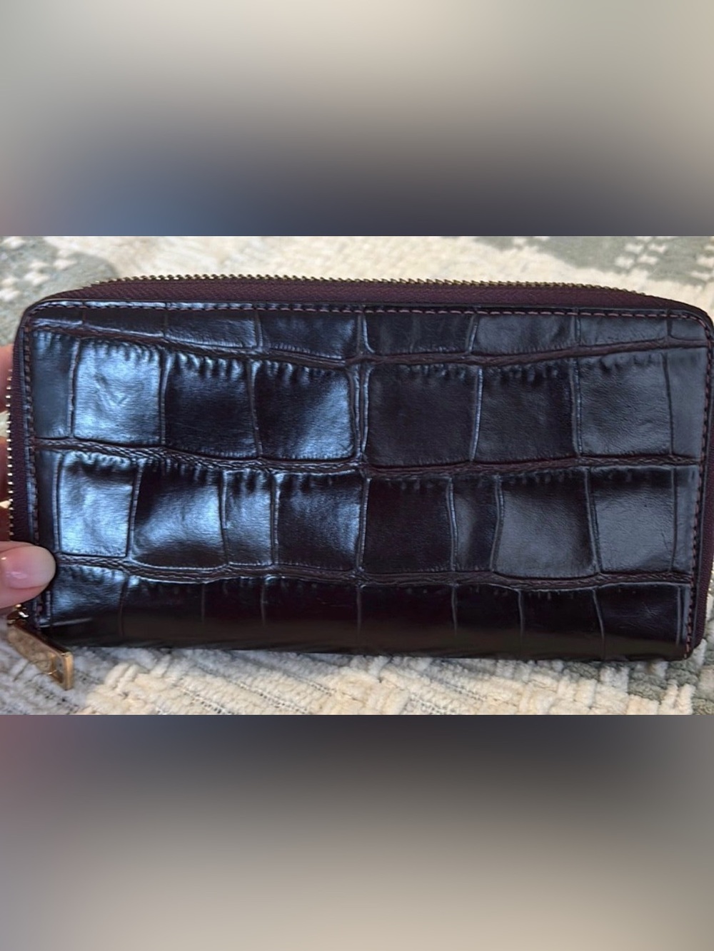 Coach Croc-Embossed Zip Wallet in Dark Brown with Gold Hardware - Picture 3 of 5